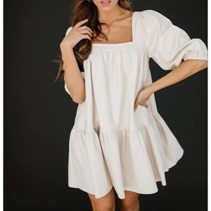 Faux Leather Cream Babydoll Dress w/Puff Sleeves